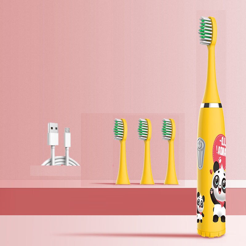 Children Electric Toothbrush Heads Smart Electric Teeth Brush Battery models/Rechargeable Replacement Brush Heads Kids: yellow 4 heads A