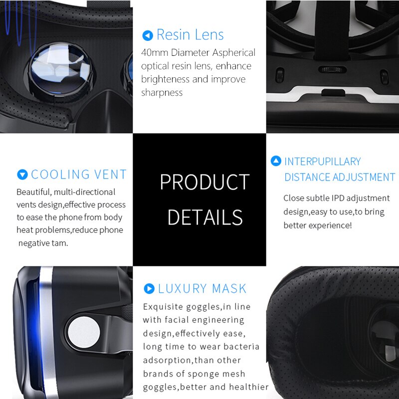Shinecon 6.0 virtual reality smartphone 3d briller vr headset stereo hjelm vr headset med fjernbetjening til ios android