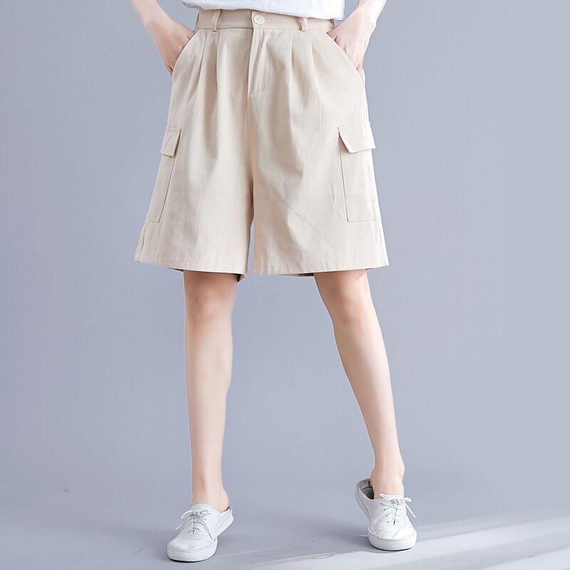 Sommer kæreste cargo shorts kvinder løs elastik talje plus size korte bukser vintage bomuld lange shorts brede ben korte femme