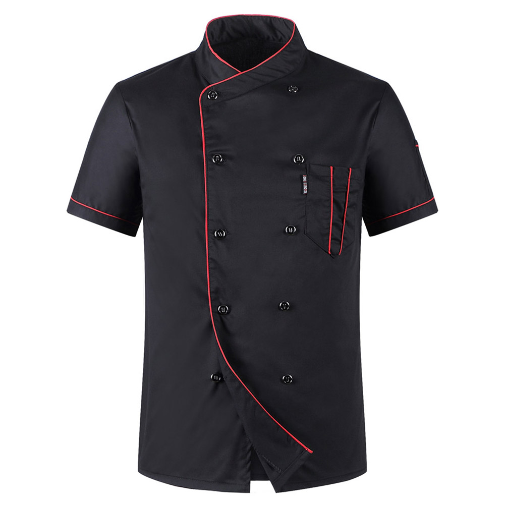 Shirt Men Short Sleeve Solid Color Stand Collar Double-breasted Chef Waiter Uniform Loose Pocket Shirt: XXL