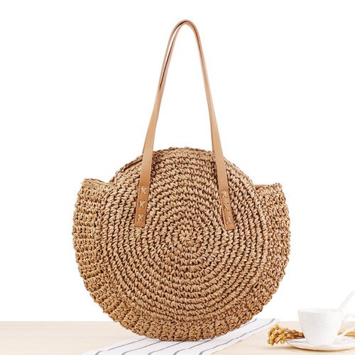 Casual Rattan Women Shoulder Bags Circle Straw Handbags Big Capacity Handmae Summer Tote Lady Round Bohemian Beach Treval Sac: brown