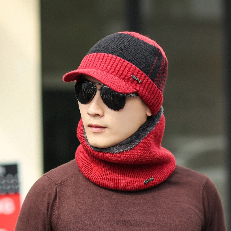 Herfst Winter Mannelijke Hoeden Sets Warm Gebreide Wollen Mutsen Sjaals Pak Jongen Cap Hals Kraag Dikke Pluche Mannen Hoed Sjaal 2 stuks Set: red hat set