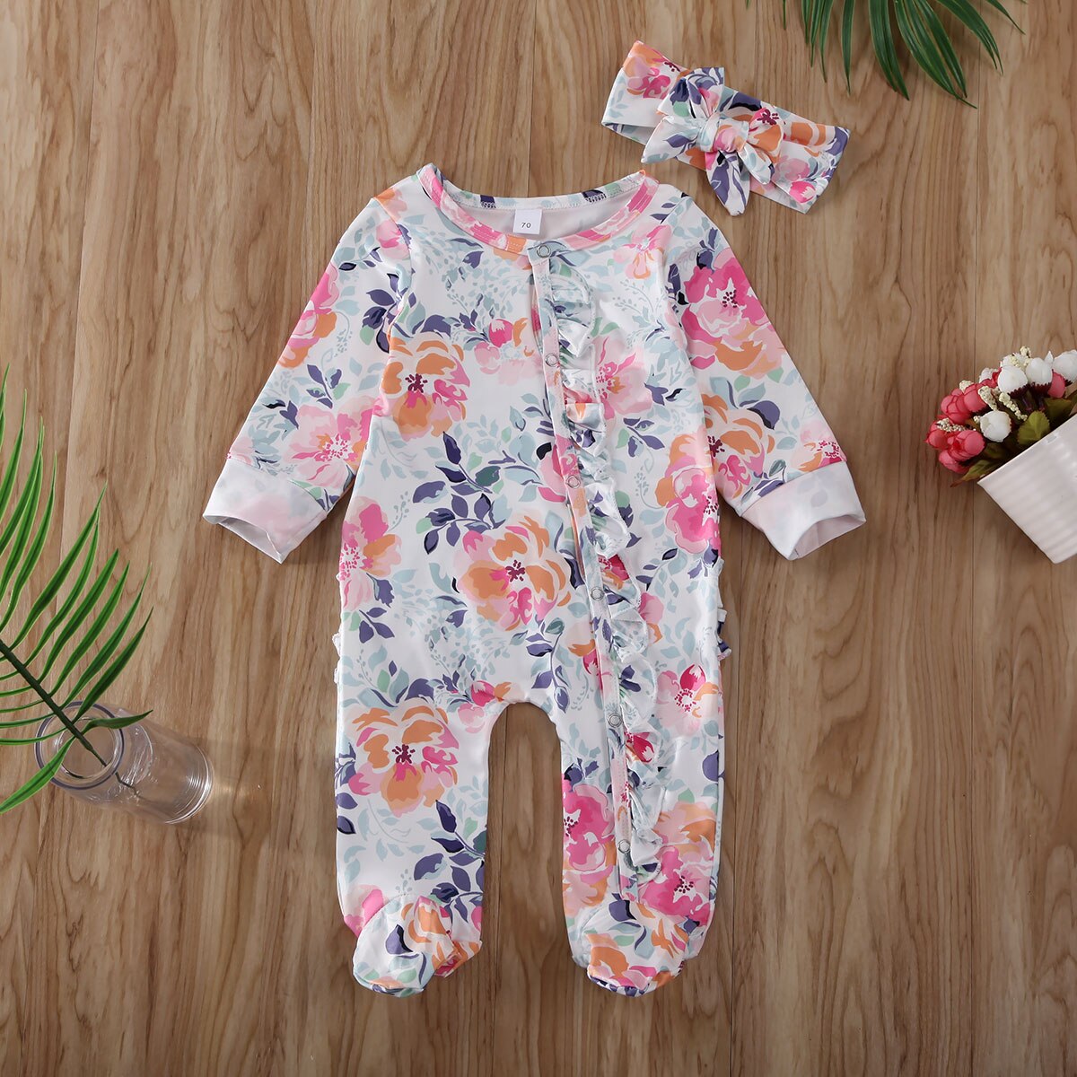 Leuke Pasgeboren Baby Meisjes Jongens 0-6M Footies Bloemenprint Lange Mouwen Ruches Single Breasted Playsuit Hoofdband Kleding outfits