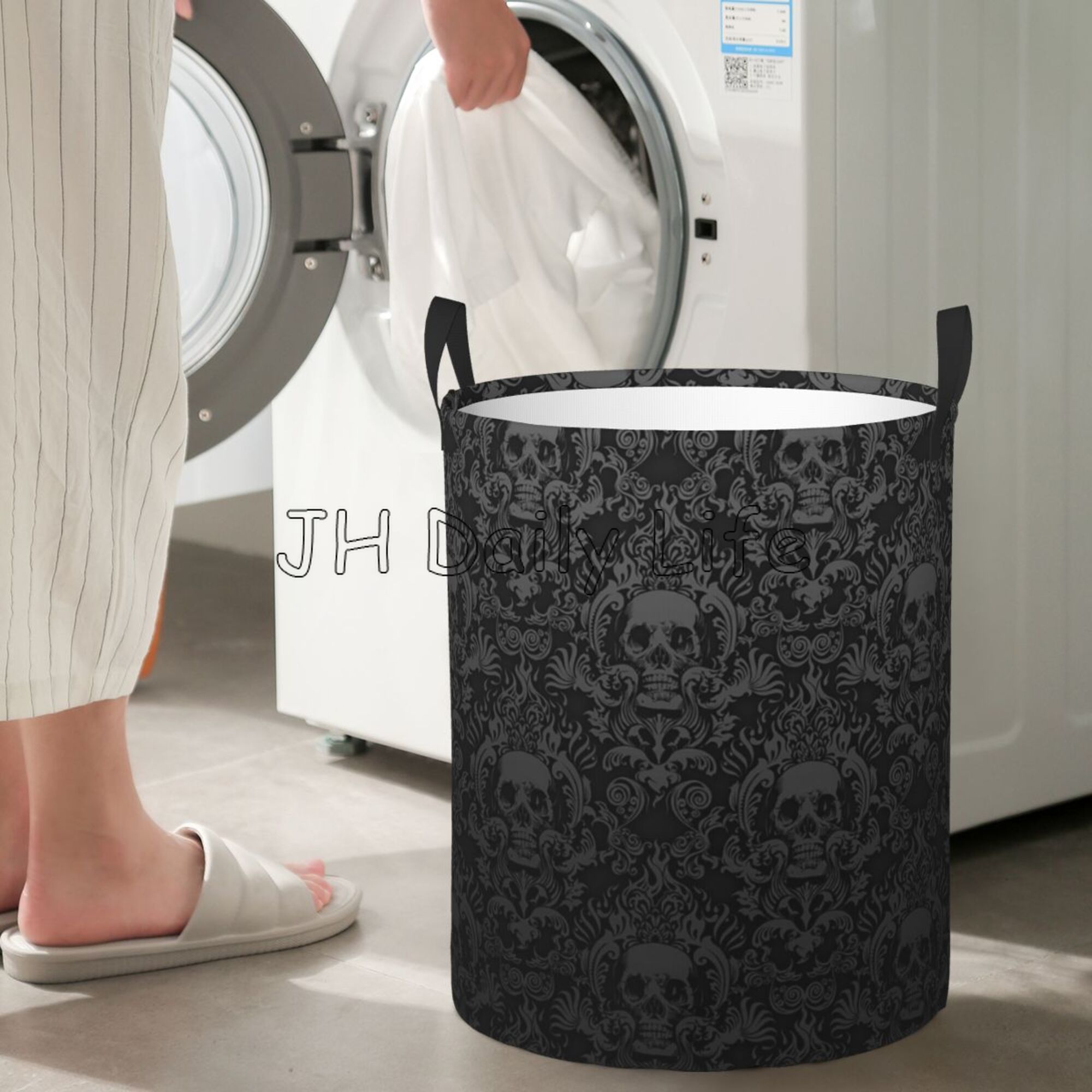 Waterproof Goth Gothic Black Skull Damask Circular Hamper Round Laundry Baskets Foldable Laundry Bags for Bathroom Bedroom Dorm