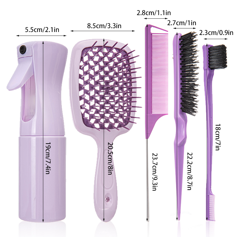 5 unids/set cepillo para desenredar el cabello, cepillo para peluca rosa, peine de cola de rata curvada, cepillo para el cabello con borde, cepillo para el cabello rizado, suministros de peluquería