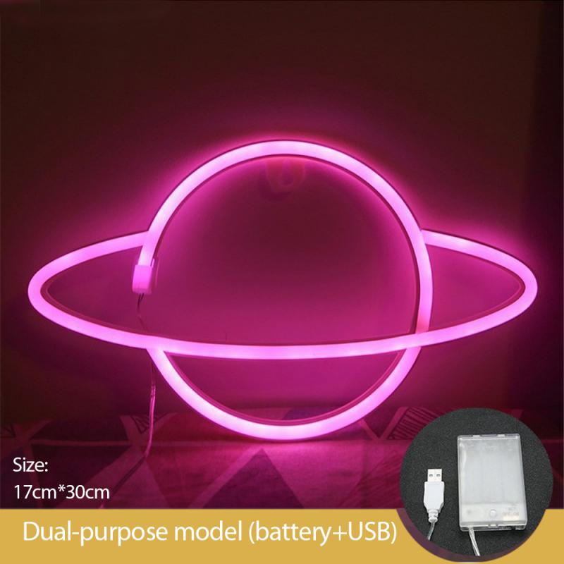 Planeta cartel de neón para Bar de la luz de la pared LED colgante para escaparate de Navidad decoración atística de pared luces de neón Lámpara USB alimentado por batería o: pink