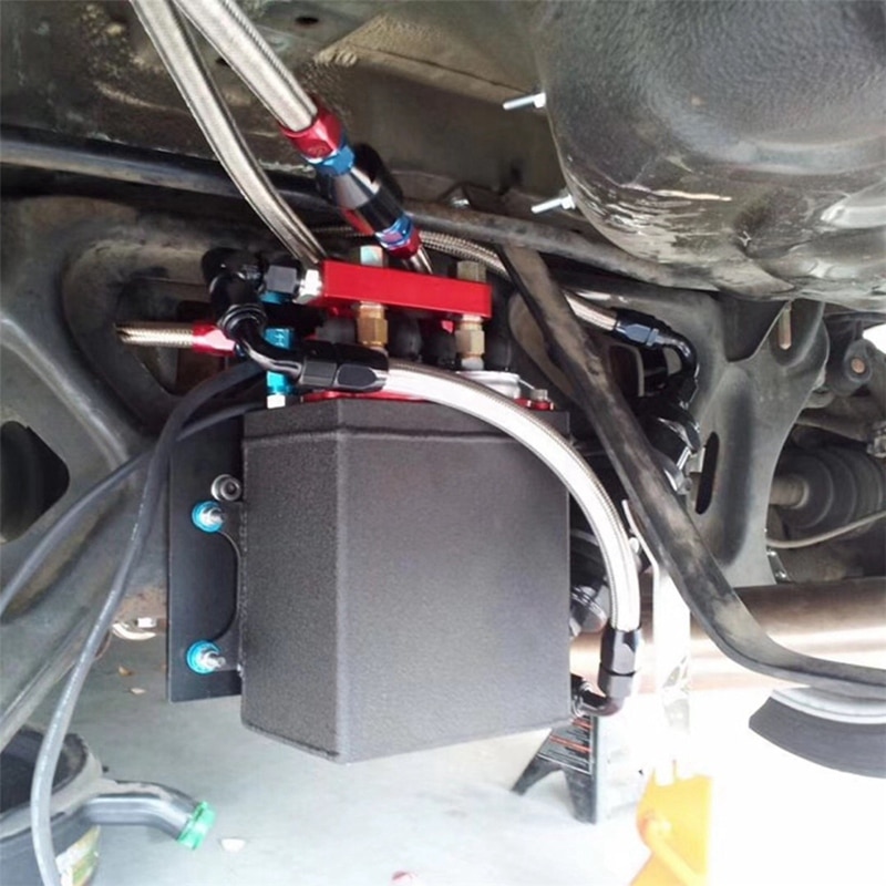 60mm Dual Port External Fuel Pump Tank Racing Billet Aluminium Fitting Oil Catch Can Fuel Surge Tank