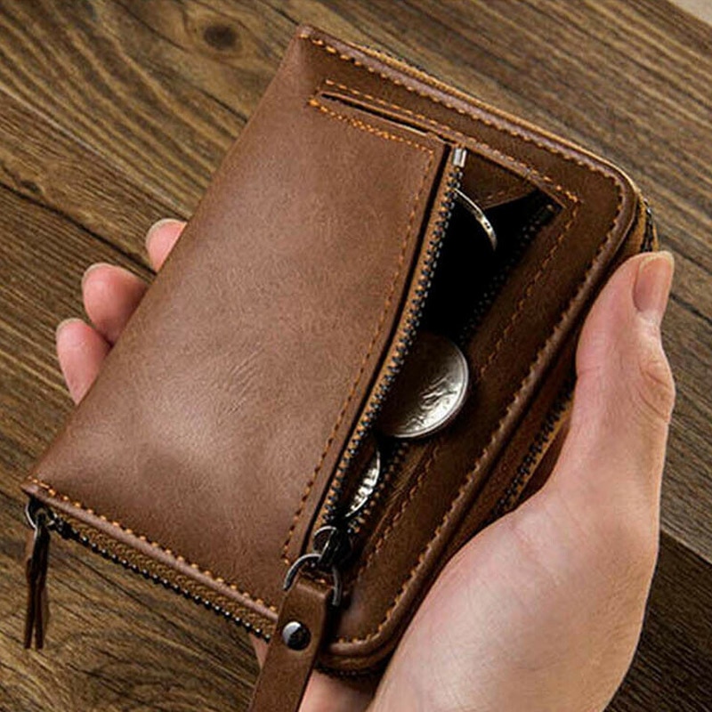 Men Zipper PU Leather Short Wallet ID Credit Cards Holder Billfold Purse JAN88