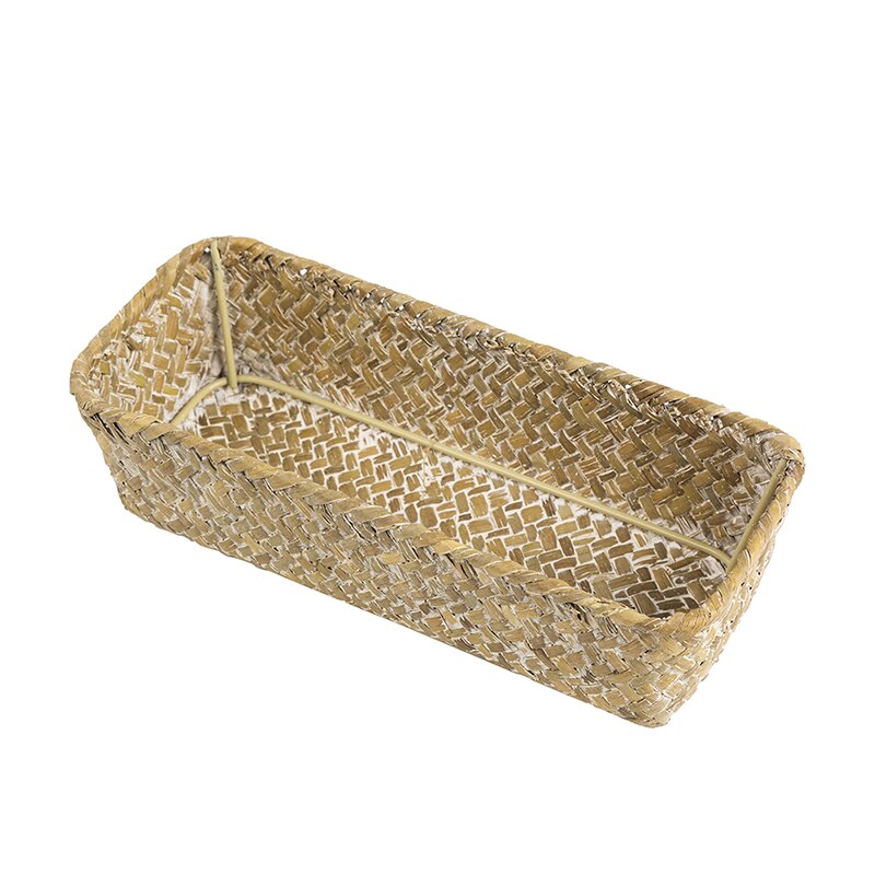 Rectangular Rattan Storage Basket Straw Fruit Dried Flowers Storage Boxes Handmade Seagrass Picnic Basket Makeup Organizer: Mix White Color / S-24x10x6cm