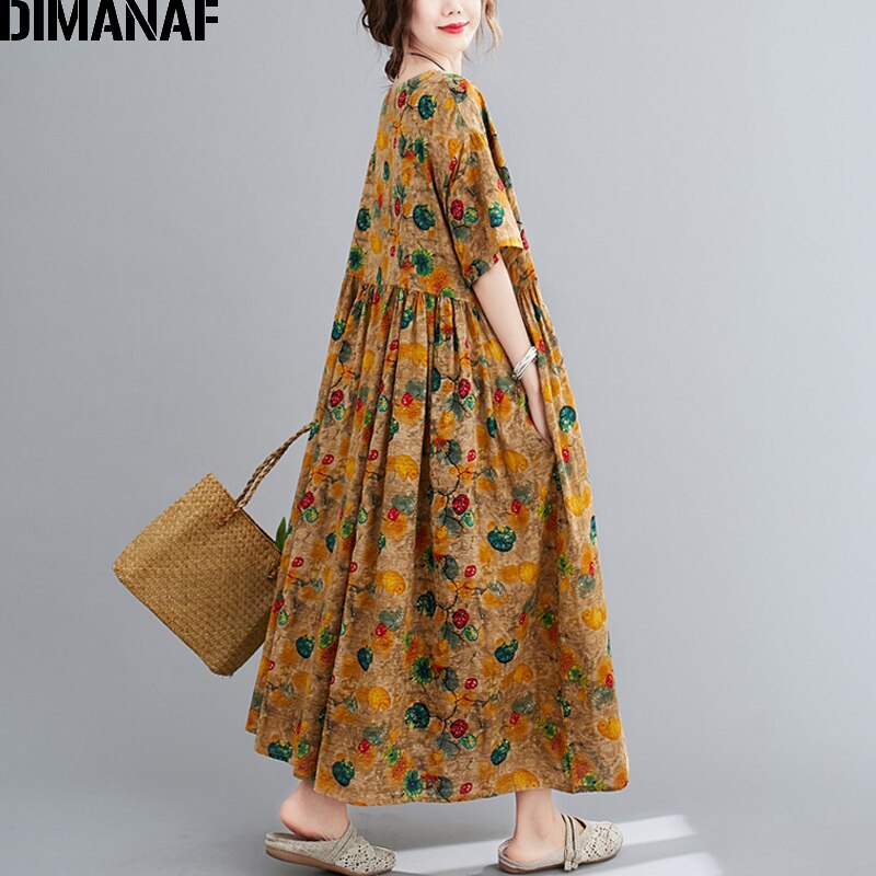 Dimanaf plus size kvinder strandkjole sommer solkjole kvindelige vestidos dame lang kjole bomuldsprint blomster løs 5xl 6xl