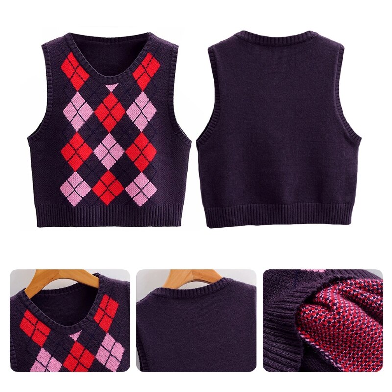 Femmes sans manches tricot pull gilet losange Plaid Preppy Style recadrée débardeur 83XF