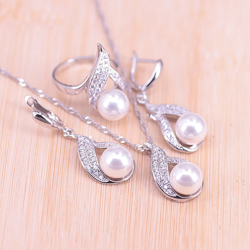 Risenj goutte d'eau blanche perle d'eau douce couleur argent ensemble de bijoux pour femmes boucles d'oreilles anneau collier ensemble bijoux de mariée: 6