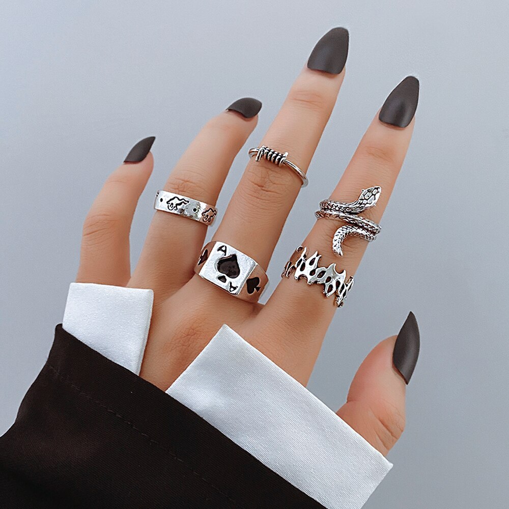 FNIO Trend Silver Color Geometric Personality Rings Set For Men Women Hip-Hop Punk Rings Party Jewelry: FN31813853