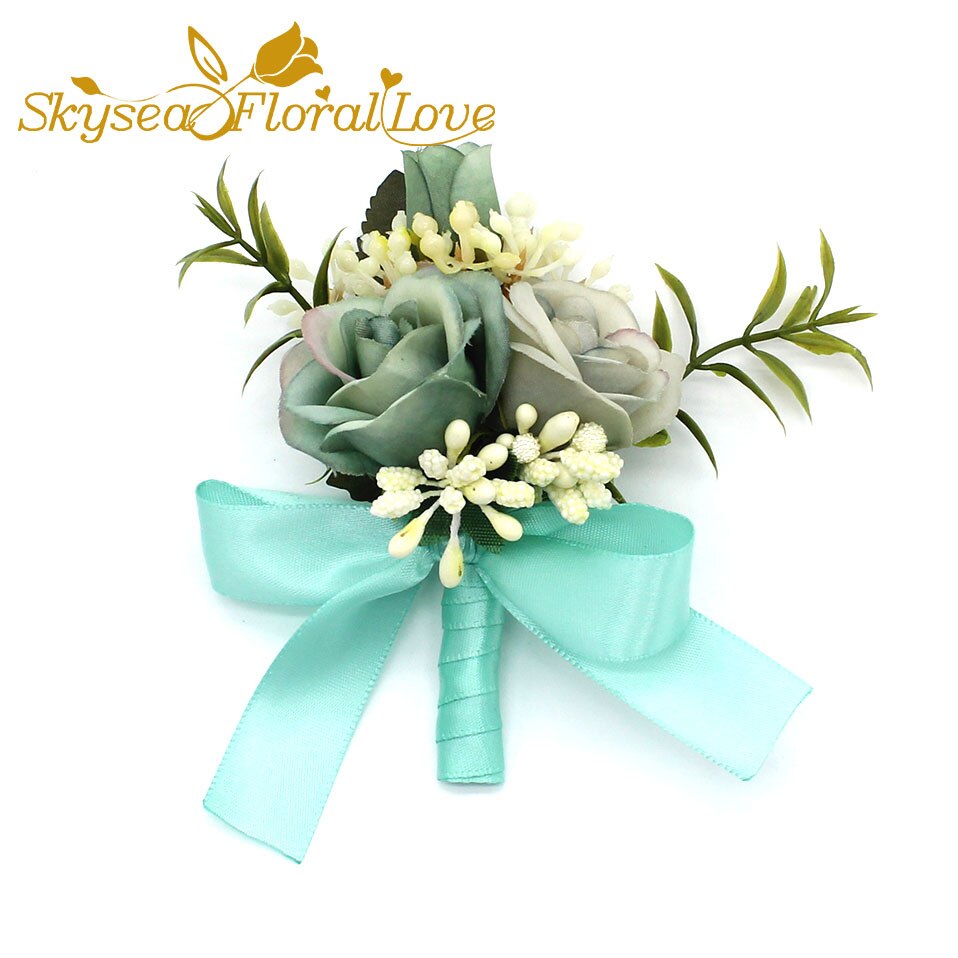 Bruiloft corsages en boutonnières broche bruid bruidegom pols corsages bruiloft bloemen: Blue Boutonniere