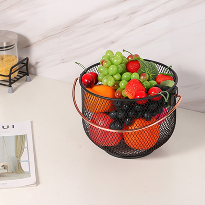 Metal Wire Round Openwork Drain Vegetable Wrought Iron Fruit Basket with Handle