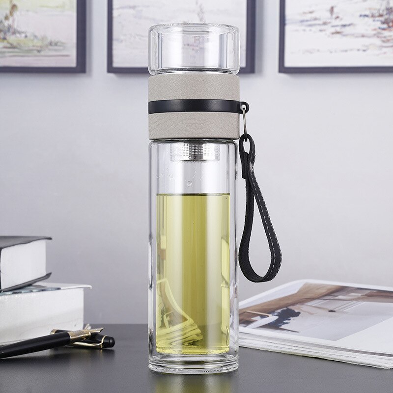 500ml glasvattenflaskor för att dricka te med infusionsanordning dubbelvägg flaska för vattenkort bärbar utomhus  st195: Grå