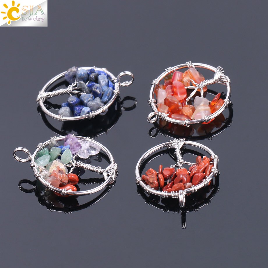 CSJA Tree of Life Necklace &amp; Pendant Silver Color Crystal Natural Gem Stone Chip Beads 7 Chakra Wire Wrapped Women Jewelry F141