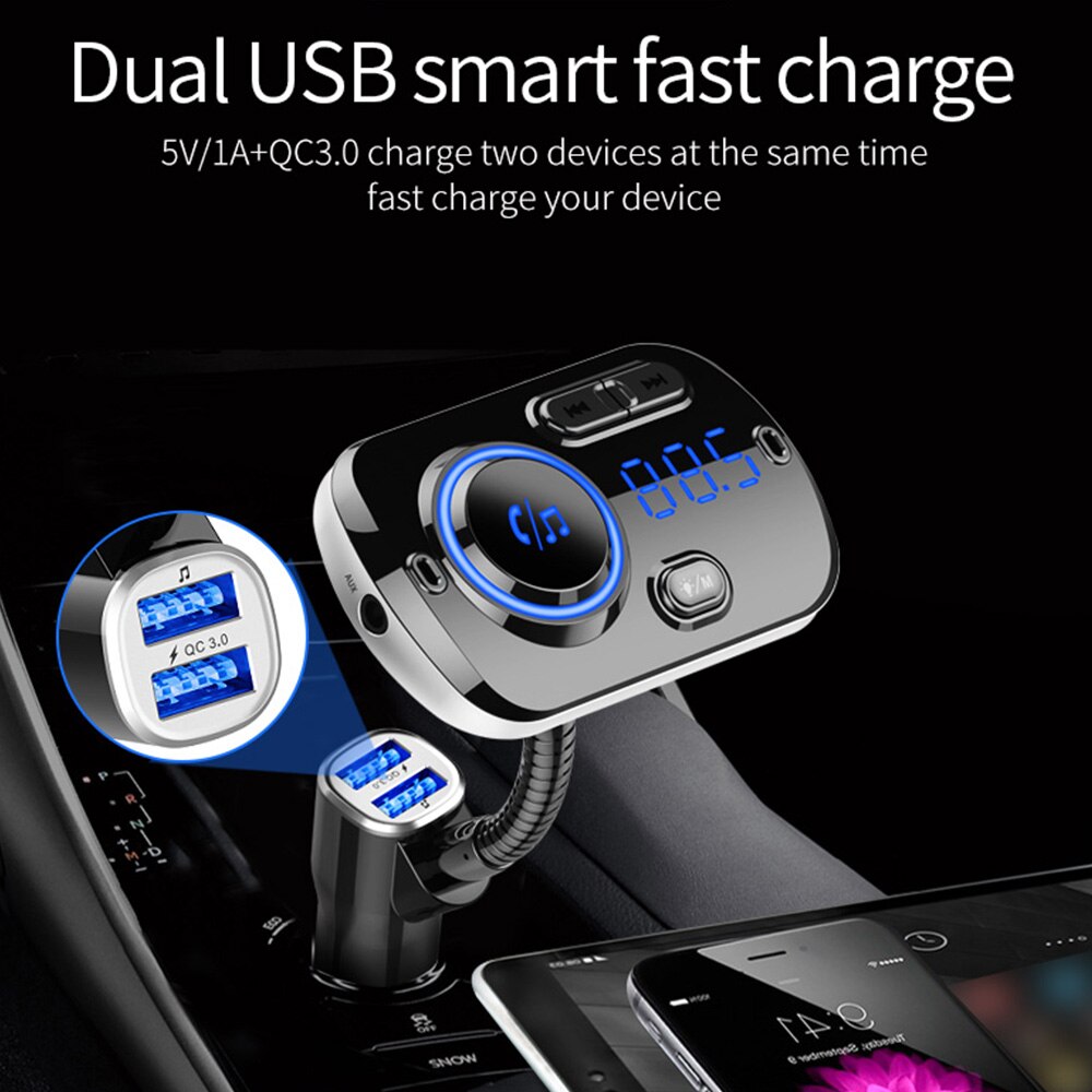 Modulador de transmisor FM para coche, Kit de manos libres con Bluetooth 5,0, Cargador rápido QC3.0, USB Dual, compatible con tarjeta TF SiRi para dos dispositivos
