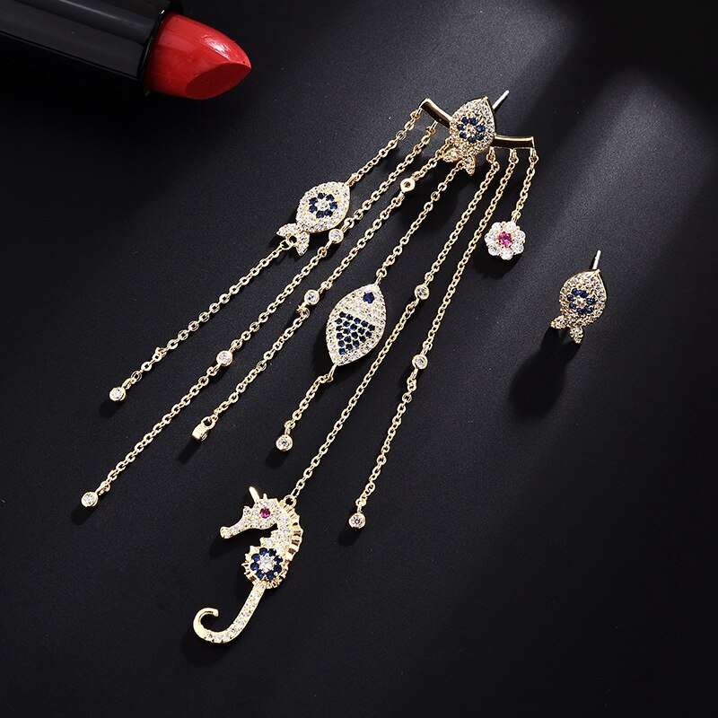 Asymmetrische Vis Zeepaardje Lange Kwastje Oorbellen Oorbellen Lange Marine Elementen Oor Sieraden Seaside Oorbellen