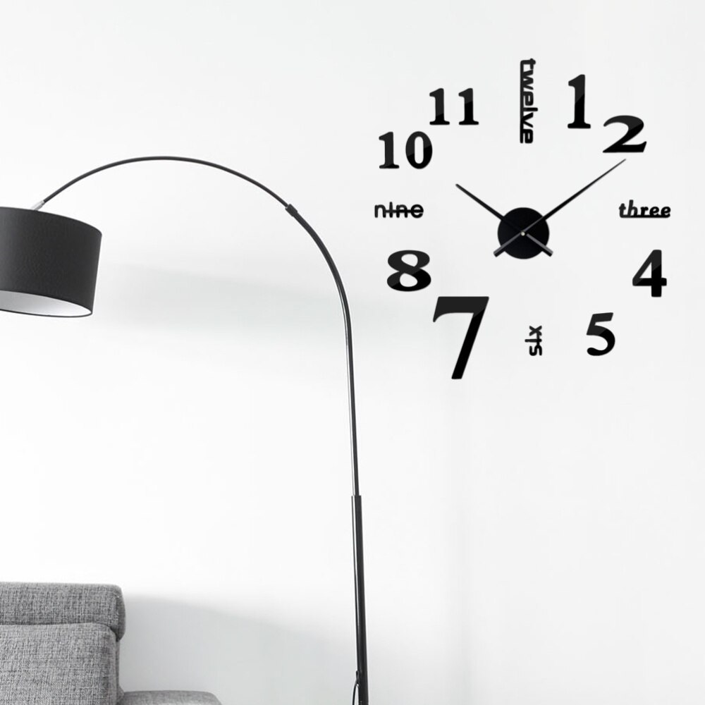 Modern 3D Frameless Large Wall Clock Watches Hours DIY Room Home Decoration (Black) (Battery)