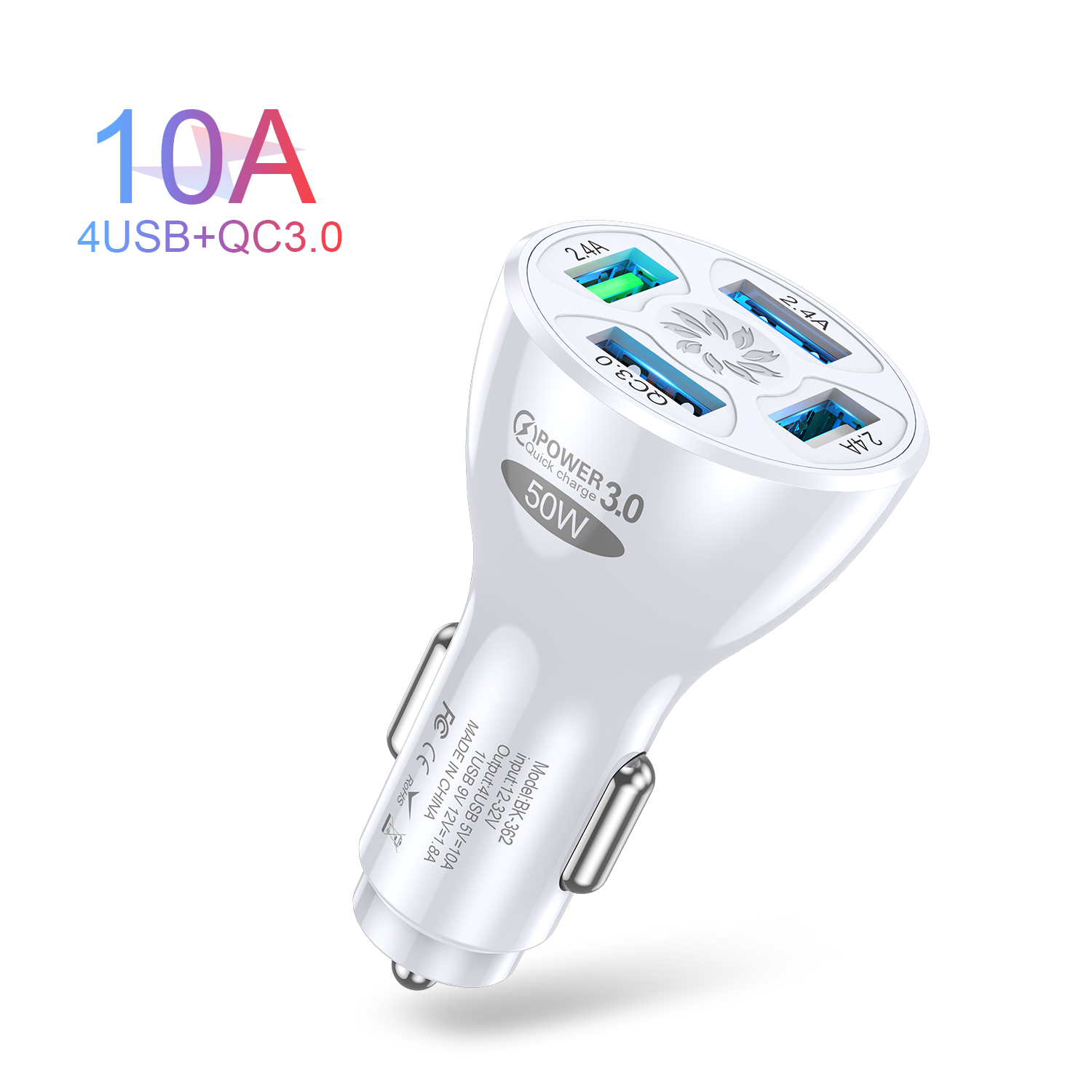 Schnell Ladung Auto Ladegerät 50W 4 USB QC 3,0 4,0 LED Schnelle Auto Zigarette Leichter praktisch USB Ladung für iPhone Samsung Huawei: Weiß Pro aufladen