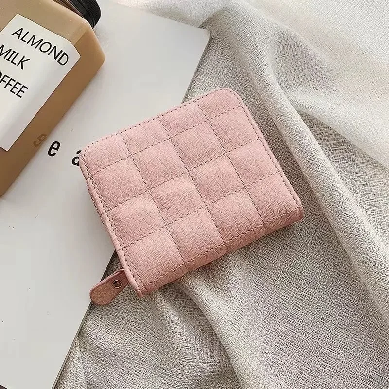 Women Short Wallets PU Leather Female Plaid Purses Nubuck Card Holder Wallet Student Small Zipper Woman Wallet Coin Purse: Pink