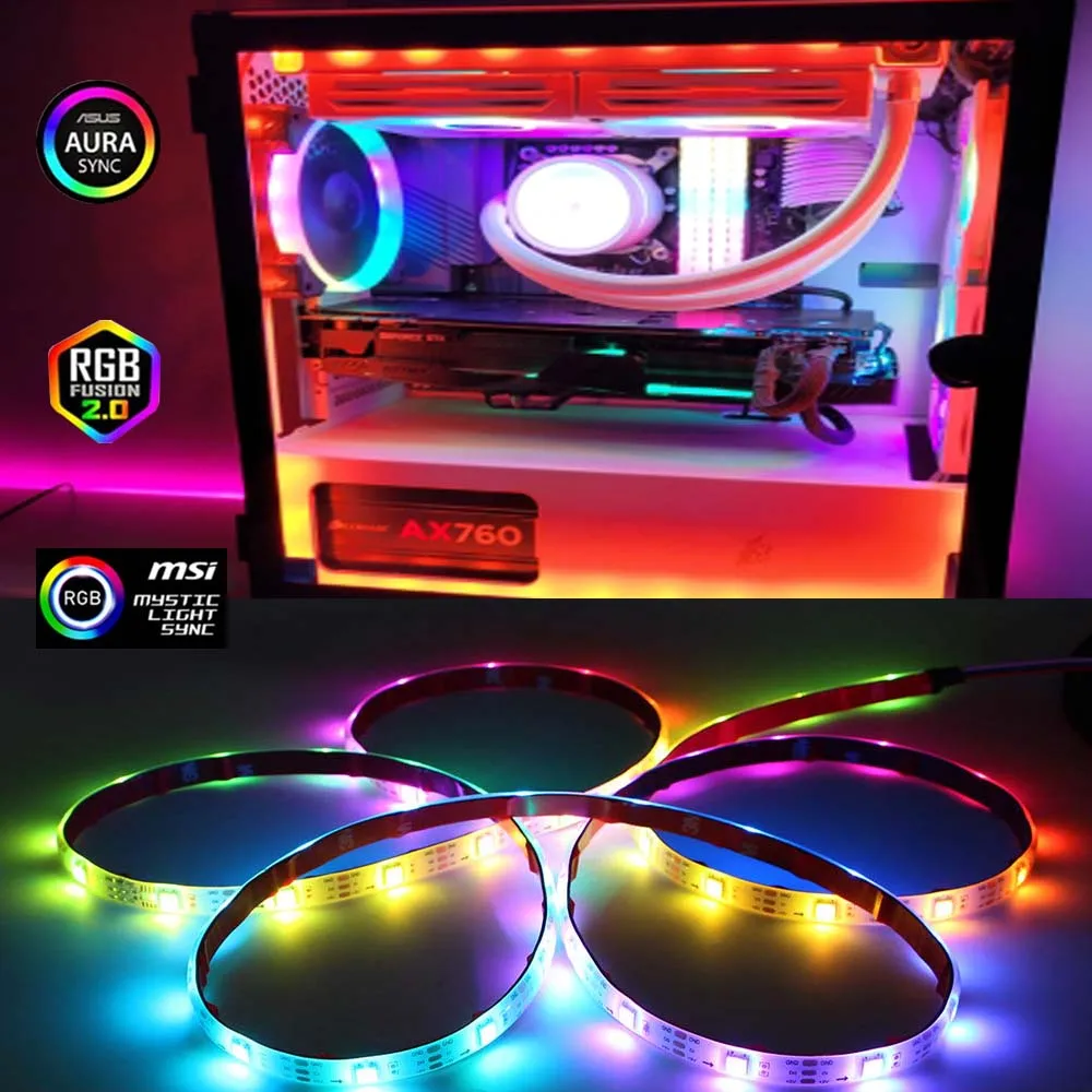 Tira de luz LED Digital direccionable Rainbow PC 5050 RGB WS2812b para 5V 3pin 12V 4pin ARGB PC Asus Aura Sync Fusion MSI Mystic