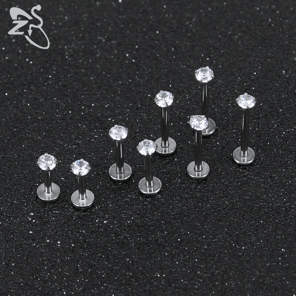 ZS 10 unids/lote 16G Acero inoxidable Labret labio Piercing hombres CZ cristal cartílago Tragus hélice Concha Piercings joyería 6/8/10/12MM