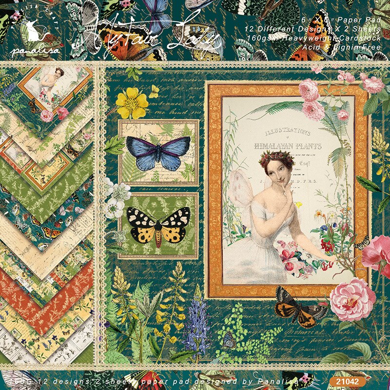 Green Butterfly Fairy Lady Handmade Junk Journal Card Material Paper DIY Scrapbook Travel Diary Background Decorative Paper: 24Sheets