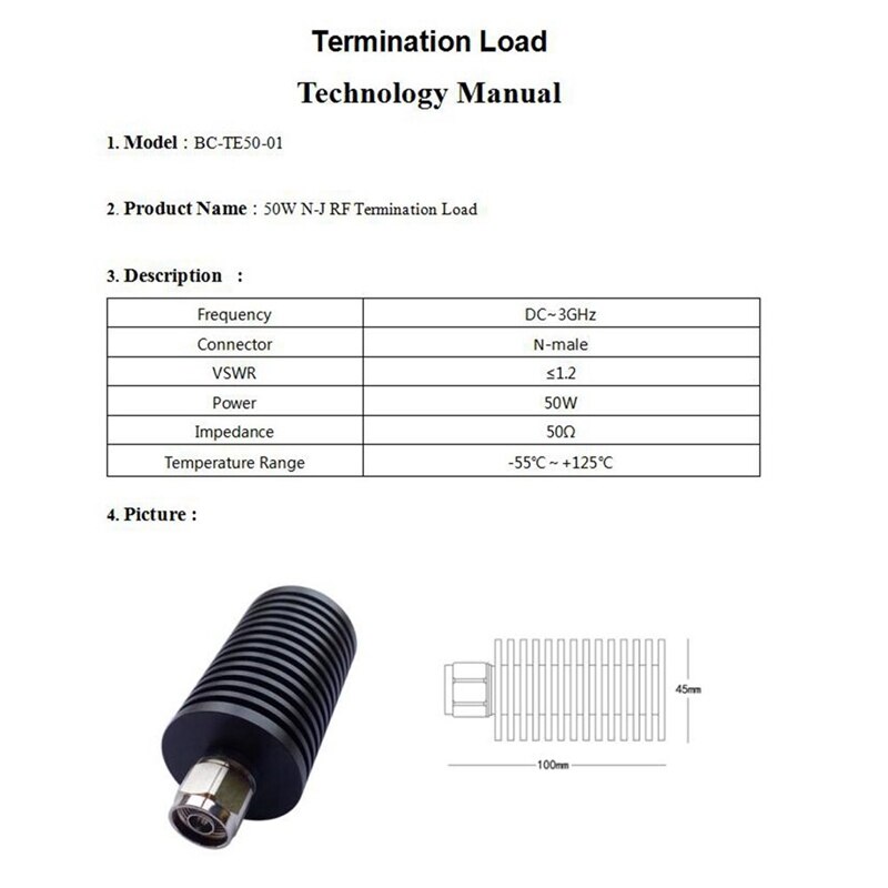 50W charge factice N connecteur mâle cc-3GHz 50 ohms RF terminaison coaxiale