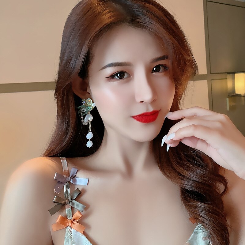 Oval Pearl Resin Flower Tassel Summer Earrings Beach Jewelry Boho Green pendientes