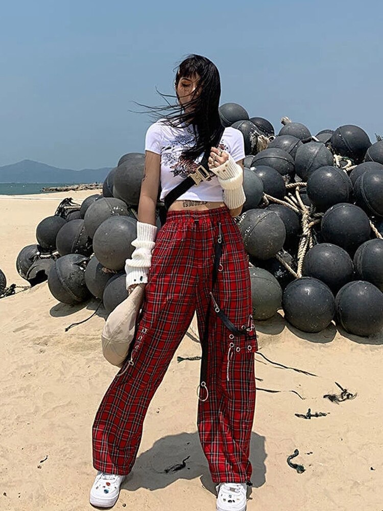 Houzhou punk kedja cargo byxor kvinnor harajuku goth pläd rutiga byxor kvinnlig streetwear estetisk hip hop egirl grunge emo: M
