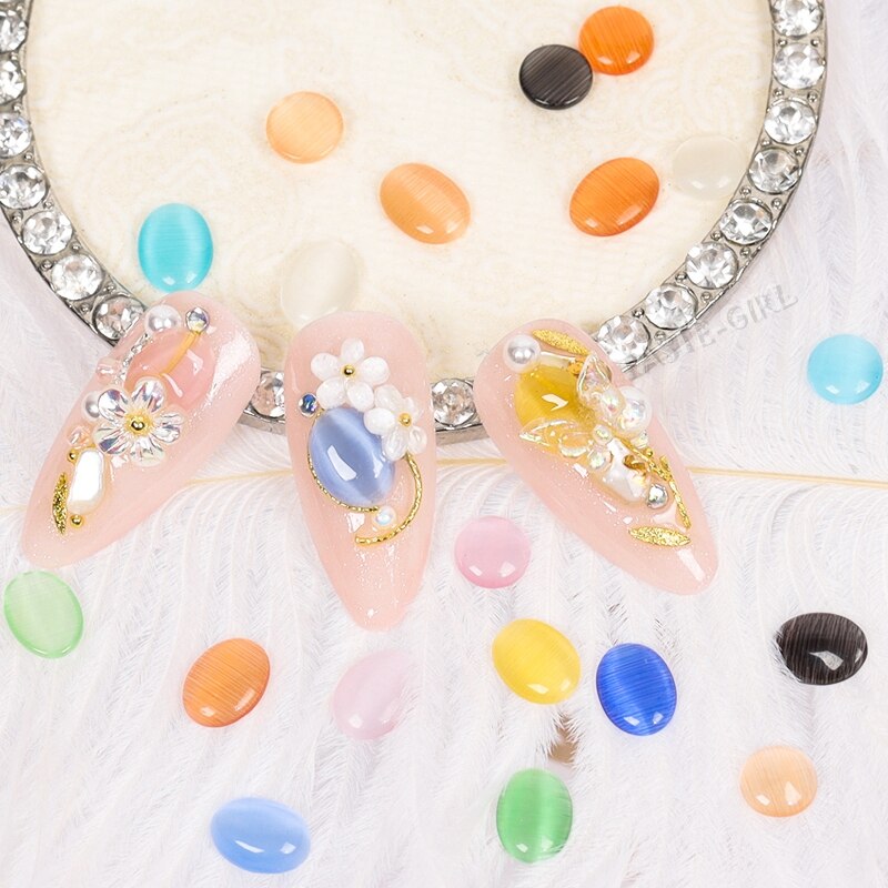 60 unids/pack 3D Oval redondo ojo de gato Cymophane claro de ámbar joya acrílico arte de uñas de diamante de imitación gemas decoración manicura puntas DIY