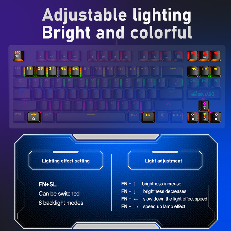 Colorful Backlit Gaming Mechanical Keyboard 87Keys Blue Switch Rainbow Backlight Game Wired Keyboard for Office Laptop PC Gamer