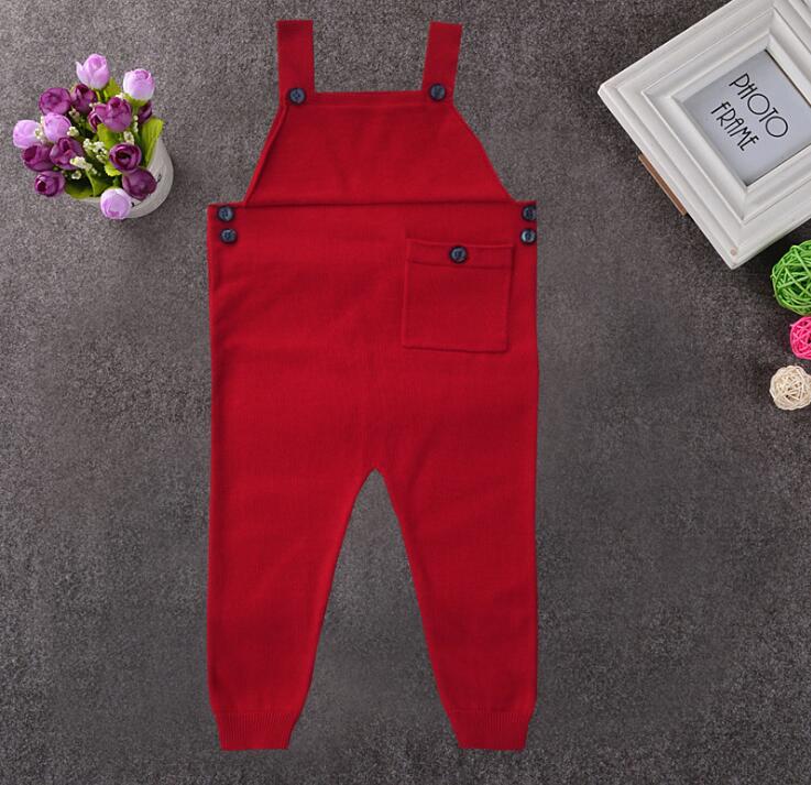 2019 nyfødte småbørn børn baby drenge piger strikkede overalls strop bukser jumpsuit outfits ærmeløs lomme baby dreng pige bukser: Rød / 12m