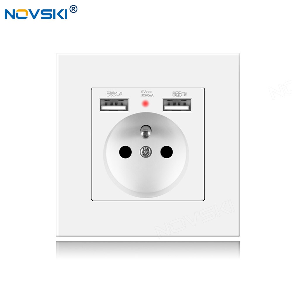 NOVSKI French Power Socket, Electrical French Outlet, 2.1A Dual USB Charging Port with Soft LED Indicator, White, Black, Gold: Pc Panel White