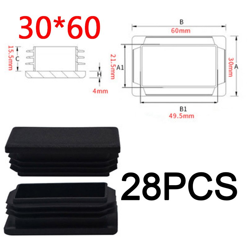 Plastic Steel Rectangular pipe plug Black Furniture Leg plug Anti Slip Feet Protector Pad Plastic square tube cap plug: 30x60mm