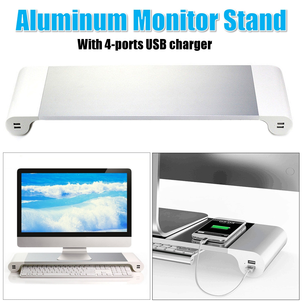 Aluminium Monitor Stand Ruimte Bar Dock Desk Riser Met 4 Usb Poorten Voor Imac Macbook Computer Laptop Hieronder 20inch