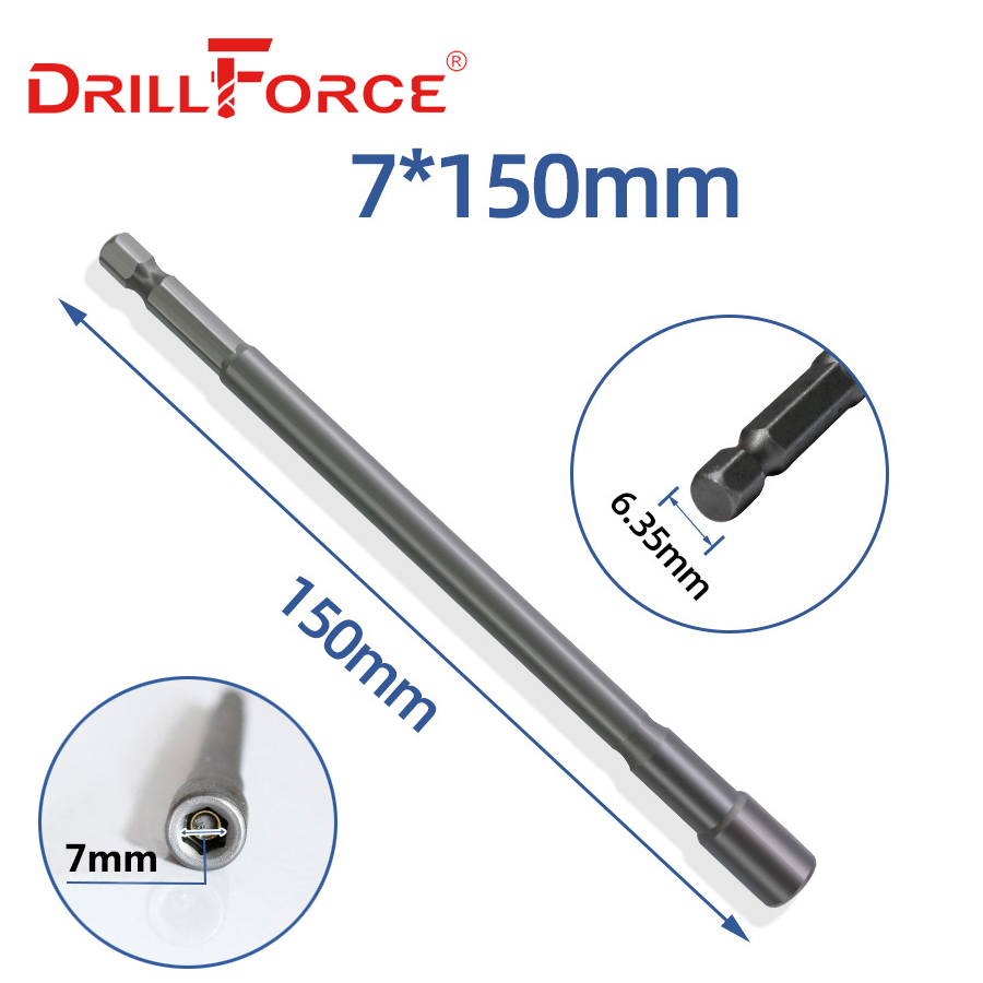 Drillforce 5.5-19x150mm Magnetic Nut Driver Set Impact Socket Sleeve Adapter Screwdriver Drill Bit 1/4" Quick Change Hex Shank: 7x150mm
