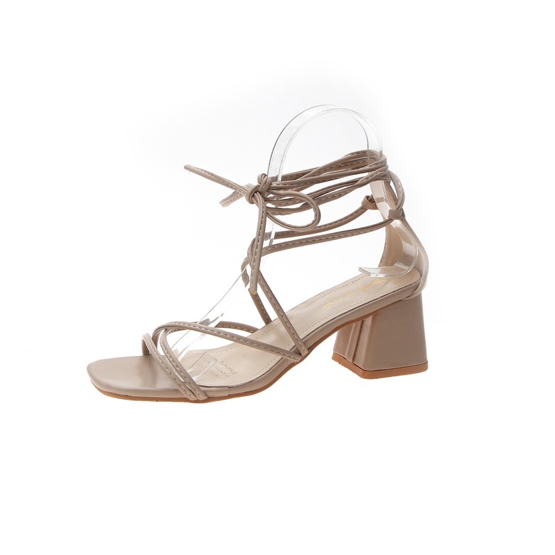 Sommer kvinder sko sandaler ankel rem høje hæle afslappet hov hæle åben tå krydsbundet stropper gladiator sandaler kvinder: Khaki / 37