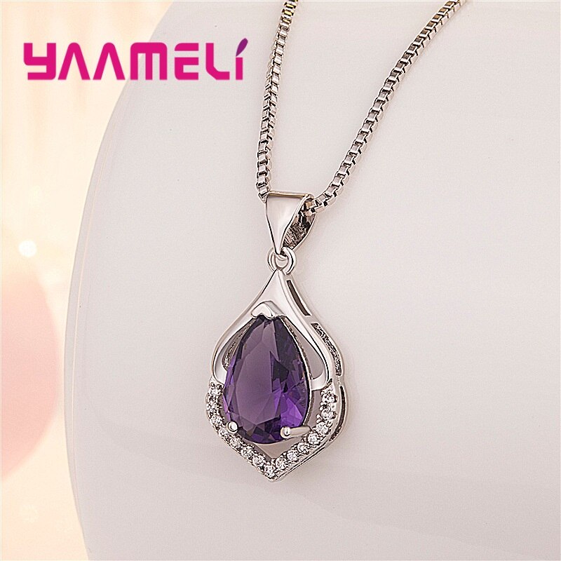 Eleganza collana con ciondolo goccia d&#39;acqua in cristallo viola ametista per donna regalo di natale di compleanno collare in argento 100% 925