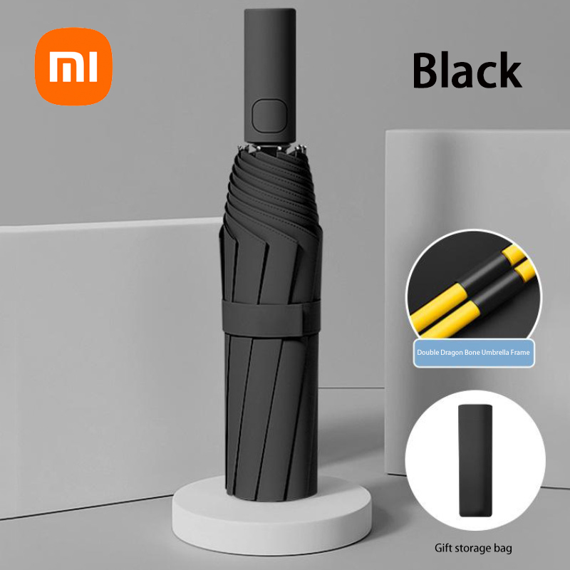 Xiaomi Automatischer Regenschirm, 24-Knochen, einfarbig, leicht, zusammenklappbar, großformatig, für den Außenbereich, wasserdichter Sonnenschirm, UV-Schutz: Black
