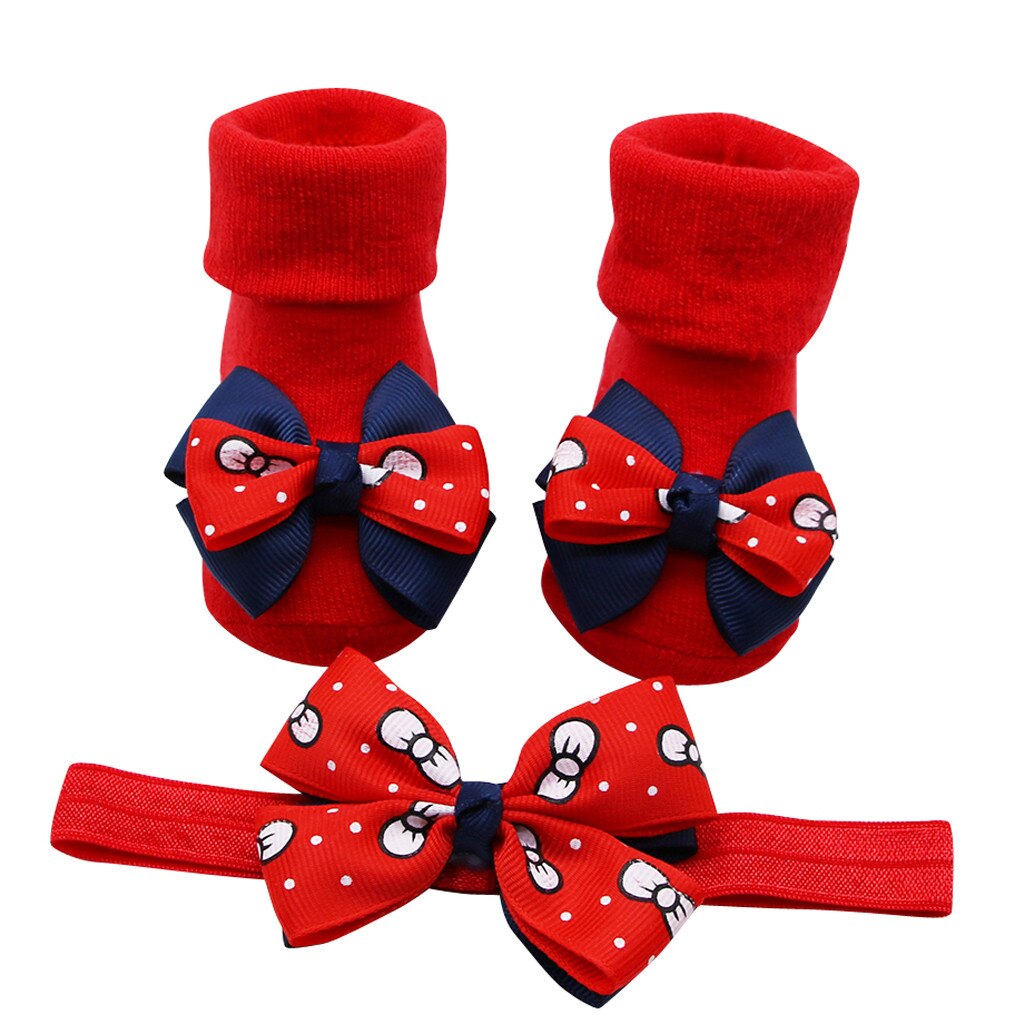 Baby Infant Girls Socks +1PC Hair Belt Toddler Girls Bow Wave Point Anti-slip Socks Cute Baby Socks Newborn #1021