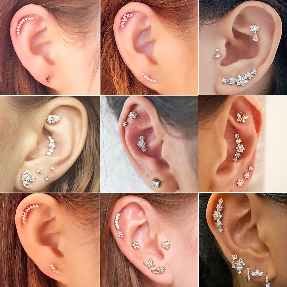 1 pz acciaio inossidabile Cz orecchio Tragus cartilagine orecchini cristallo trasparente fiore lobo elica orecchino bilanciere piercing gioielli per il corpo 20G
