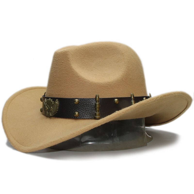 Banda de couro unissex retrô, duas armas, banda de couro para pai-filho, adulto e criança, lã, aba larga, chapéu ocidental, cowgirl, bowler tampa (57cm/54cm: Camel / Adult Size 57cm