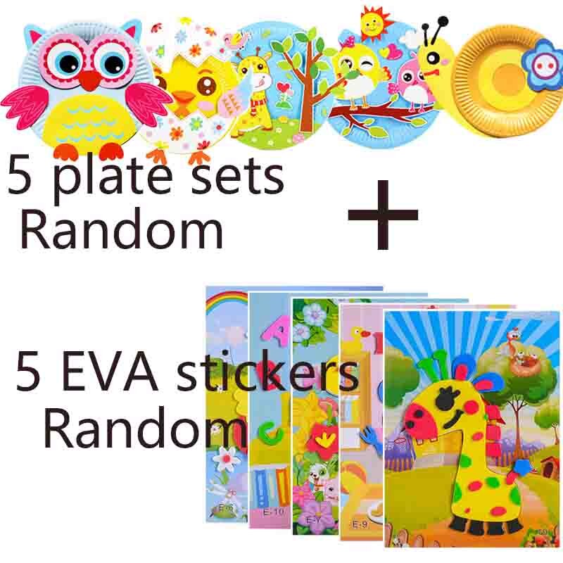 1/7/10Pcs Children 1/2/5 Paper Plate sets 3D DIY Handmade Toys 5 EVA Stickers Material Kids Kindergarten Art Educational Toys: 5pcsplates5evarandom
