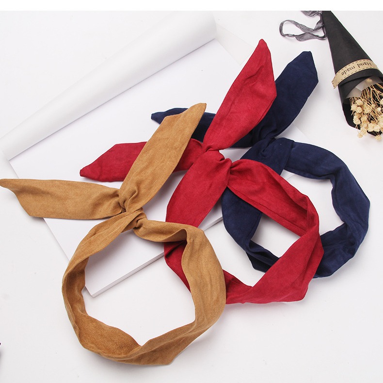 Ruban d'oreille de lapin en daim de couleur unie pour femmes, bandeau pour cheveux, nœud papillon croisé, écharpe en fil métallique, accessoires pour cheveux pour filles