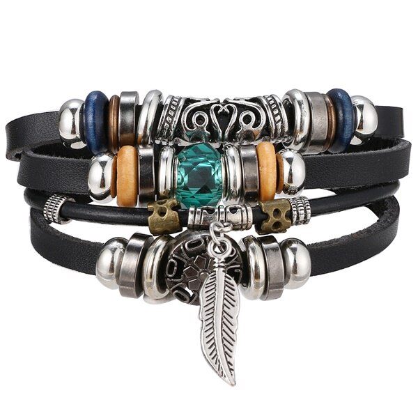 IFMIA-Conjunto de pulseras de cuero Vintage para hombre y mujer, brazalete de piel con varias hojas de búho, joyería de ,: IF11000083-2