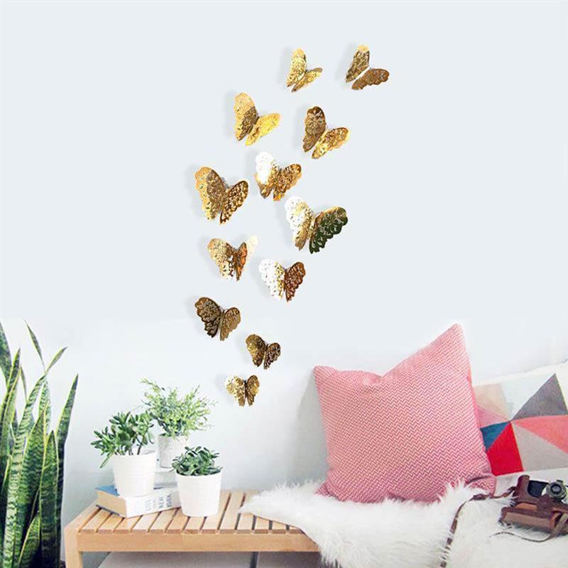 12Pcs 3D Golden Hollow Vlinders Muurstickers Mooie Vlinder Room Muurstickers Wedding Home Decorations Koelkast Stickers