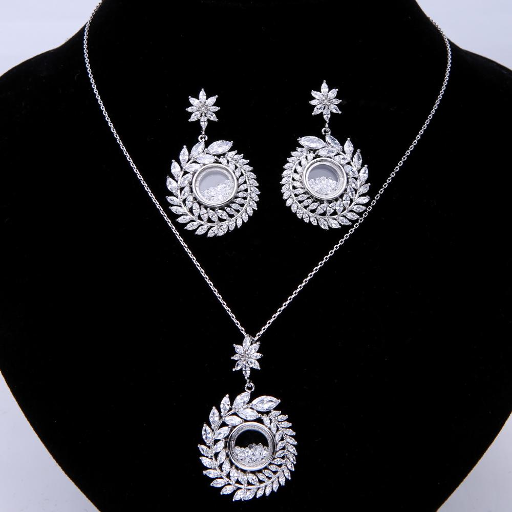Collar de circonia cúbica + pendiente + brazalete para mujer, conjunto de joyería de boda, rama de olivo, Semi-sector, de , D1383